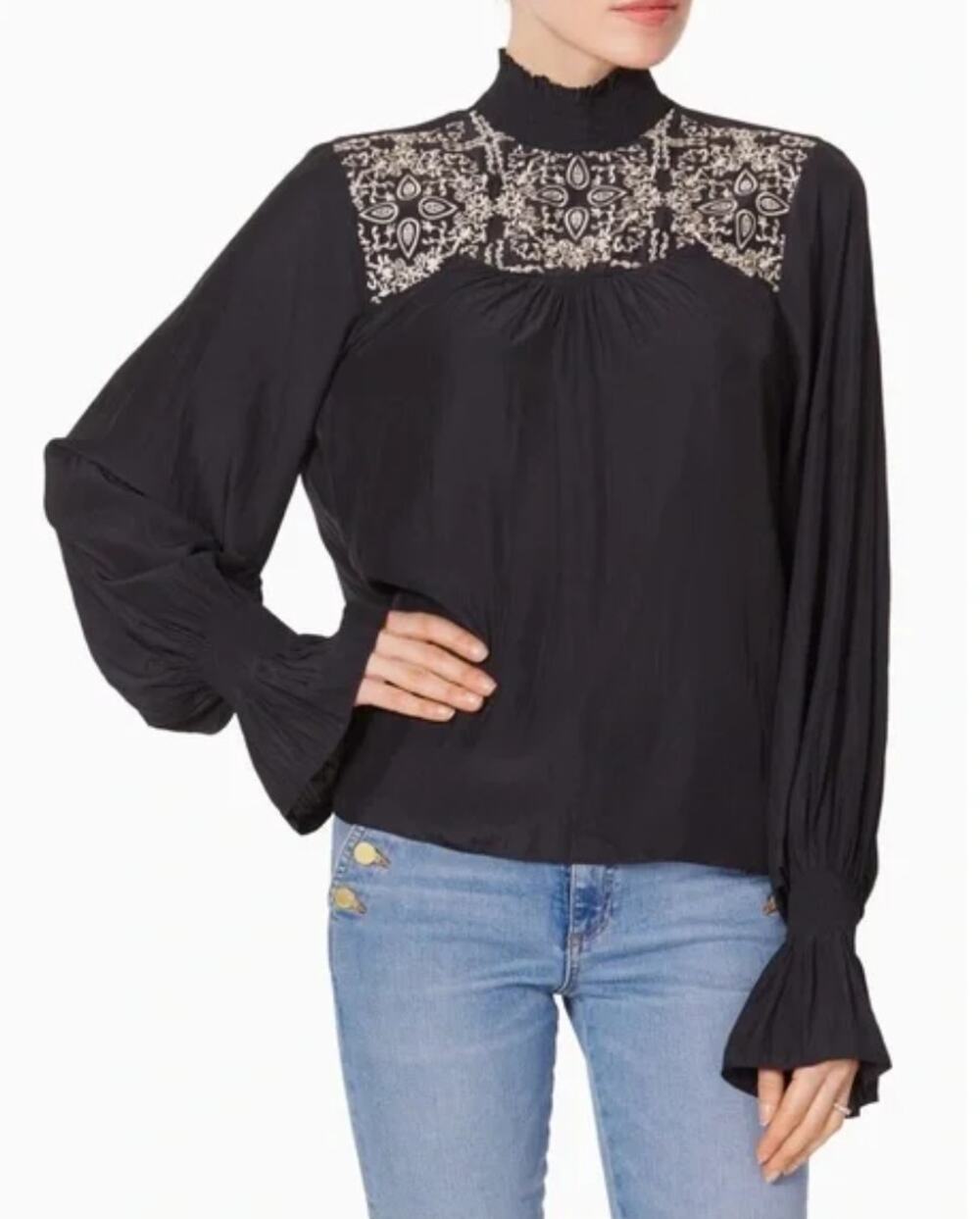 $275 Ramy Brook Eclipse Bell-Sleeve Top Black Size XS